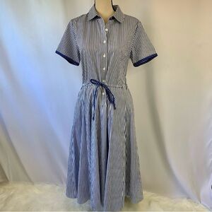 Vintage classic style dress. 
Blue & white stripes, polka dot details, pockets